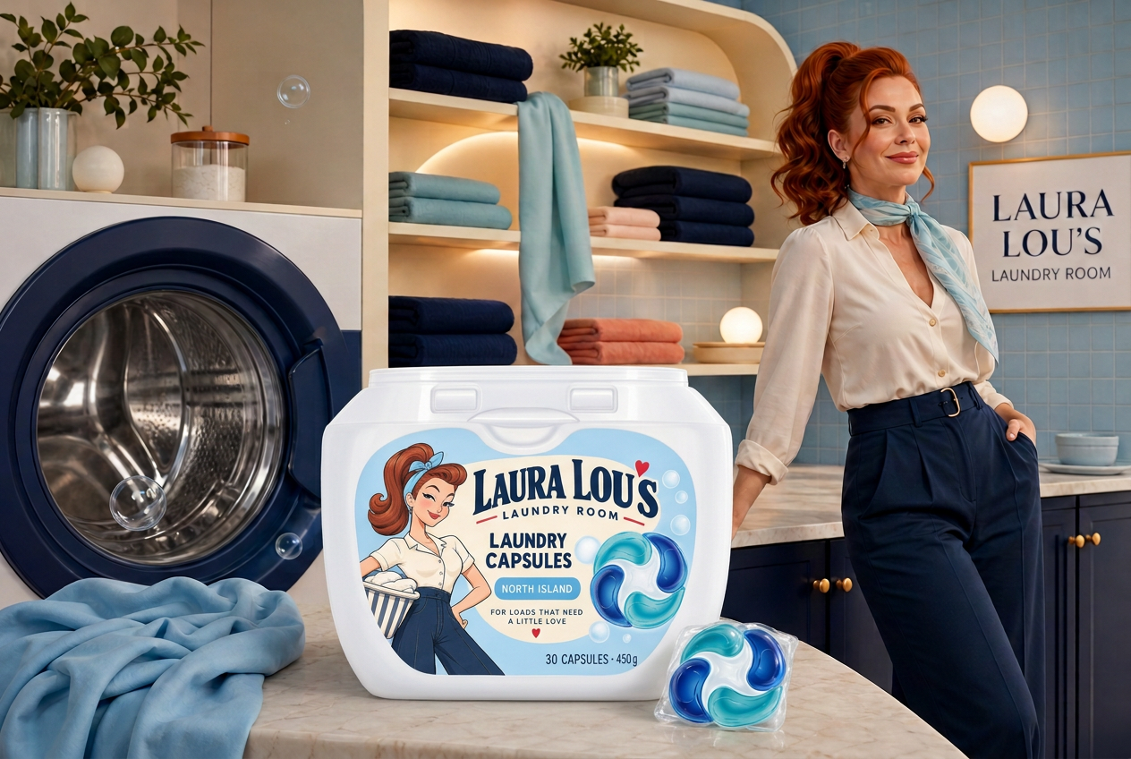 Laura Lou in a powder-blue tiled laundry room with washing machine, folded textiles, North Island tub and capsule