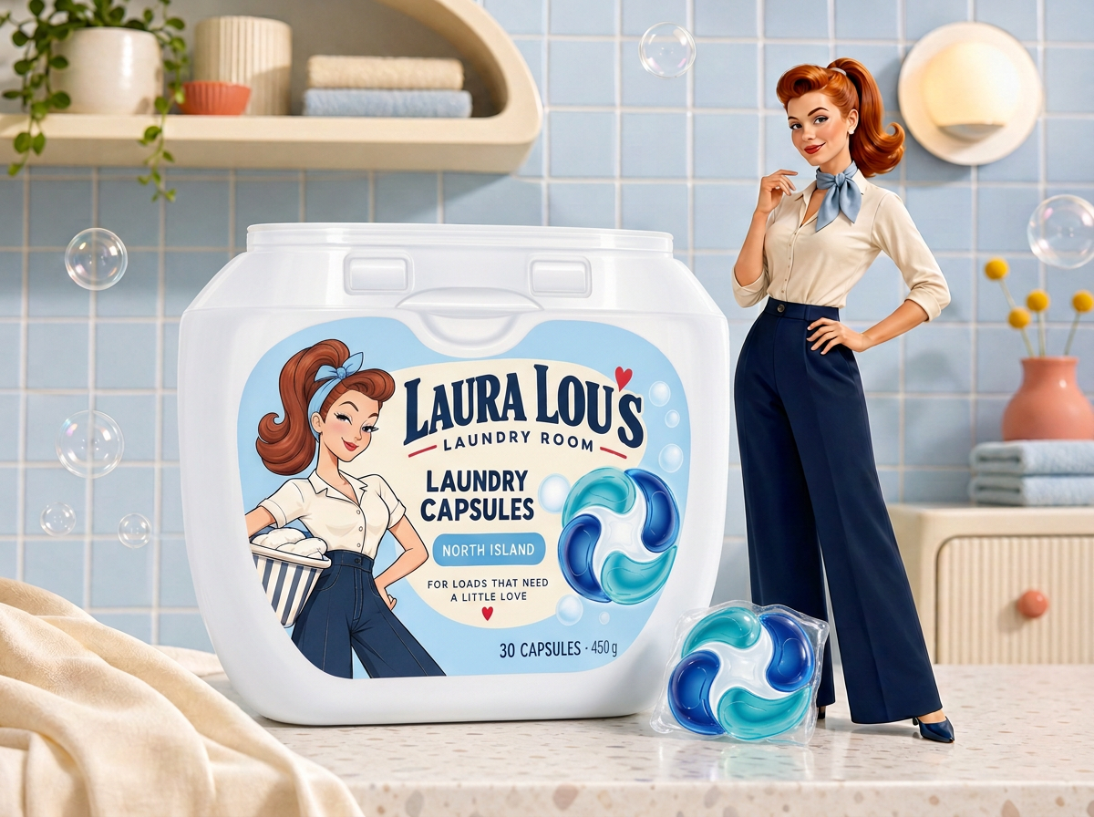 White North Island 30-capsule tub, navy and aqua four-chamber capsule, and Laura Lou in her powder-blue tiled laundry room