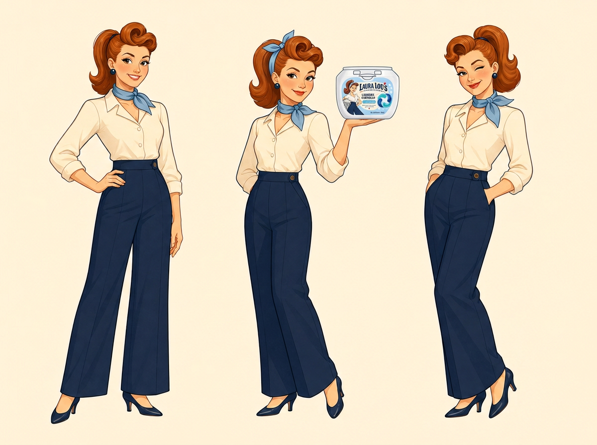 Three original illustrations of Laura Lou standing confidently, presenting the tub, and giving a subtle wink