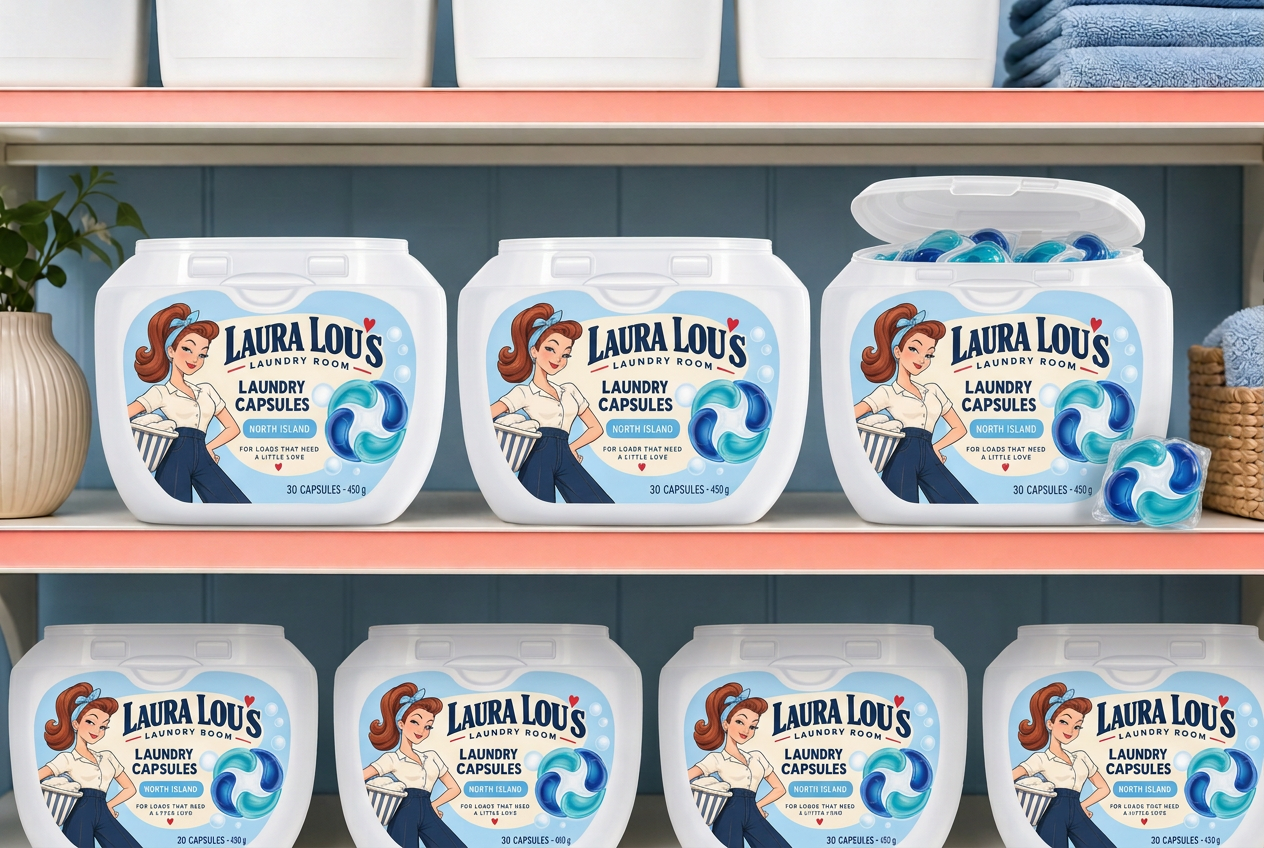 Retail shelf with repeated front-facing North Island 30-capsule tubs